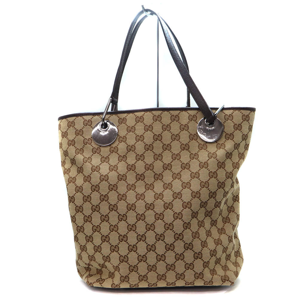 Gucci Bag Tote Leather GG Beige Canvas Brown